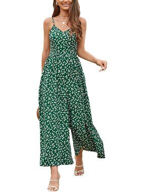 Women's Summer Floral Green Spaghetti Strap Smocked Long Rompers with Pockets